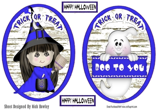 Two Halloween toppers of a witch and a ghost (blue)