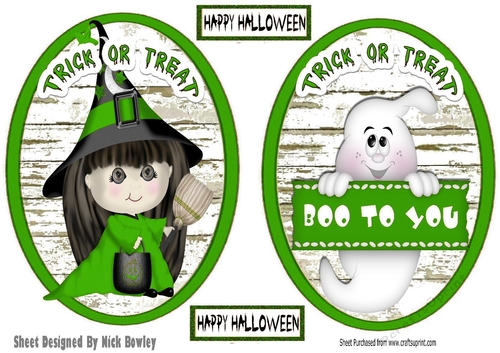 Two Halloween toppers of a witch and a ghost (green)
