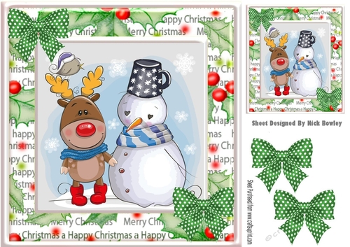 Snowman and rudey with green spot bows in festive frame 8x8