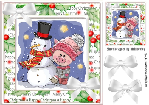 Lovely snowman with little miss piggy  in festive frame 8x8