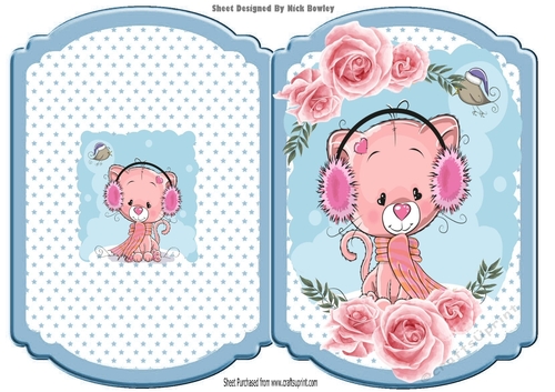 Cute kitty with pink roses and star bracket card