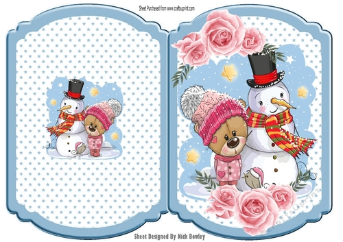 Cute teddy with snowman with pink roses and  blue star bracket card