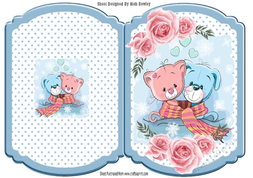 Cute kitty and puppy in scarf with pink roses and star bracket card