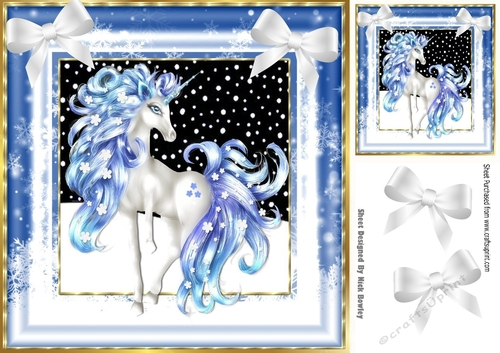 Pretty fantasy blue unicorn in snow frame with bows 8x8