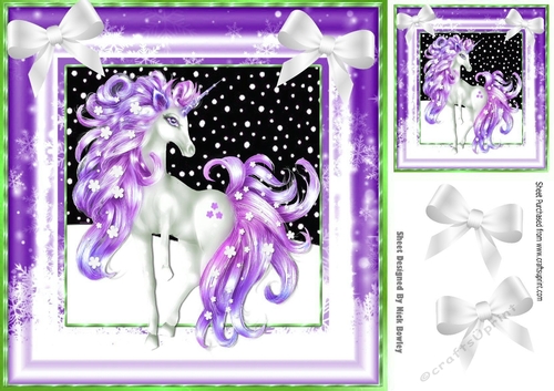 Pretty fantasy purple unicorn in snow frame with bows 8x8