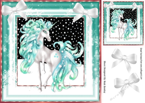 Pretty fantasy turq unicorn in snow frame with bows 8x8