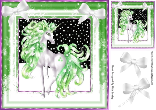 Pretty fantasy green unicorn in snow frame with bows 8x8