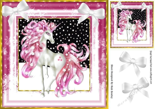 Pretty fantasy pink unicorn in snow frame with bows 8x8