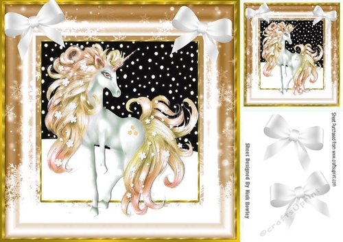 Pretty fantasy gold unicorn in snow frame with bows 8x8