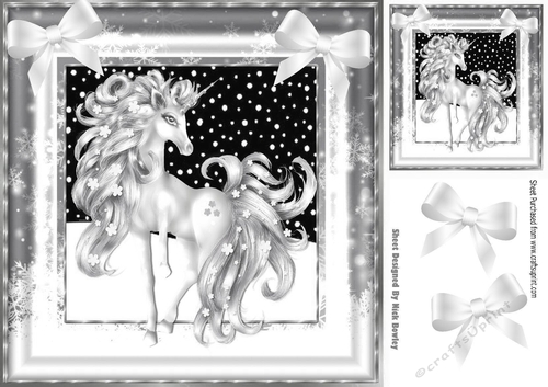 Pretty fantasy silver unicorn in snow frame with bows 8x8
