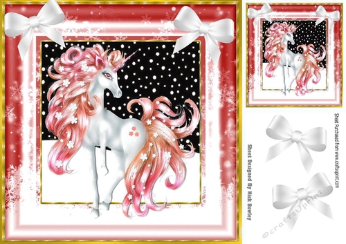 Pretty fantasy red unicorn in snow frame with bows 8x8