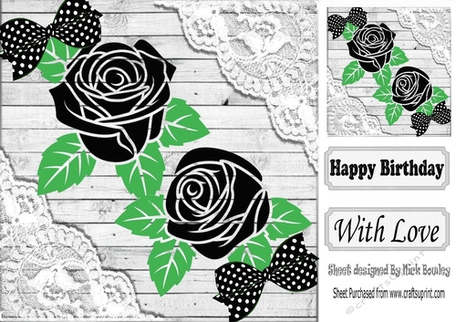 pretty ornate black roses with green leaves and lace card fronts 8x8