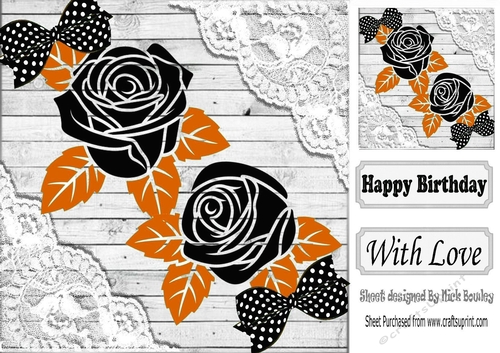 pretty ornate black roses with orange leaves and lace card fronts 8x8