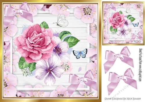 Pretty floral frame with  pastel flowers & pink bows 8x8