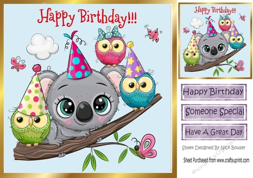 Cute owls on a branch in party hats 8x8