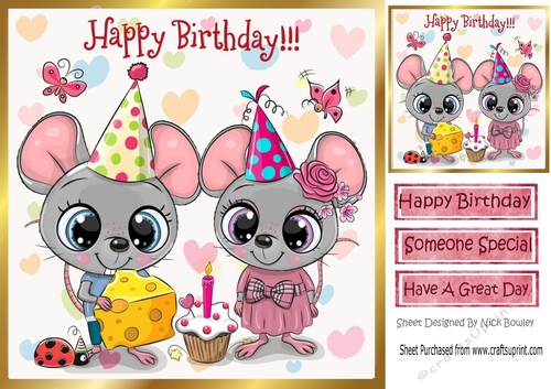 Cute mice in party hats celebrating a birthday 8x8