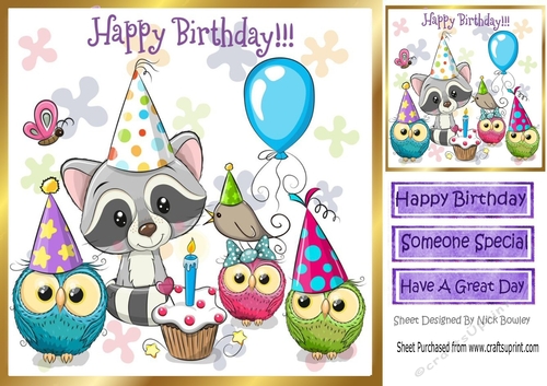 Cute party friends with raccoon & owls celebrating a birthday 8x8