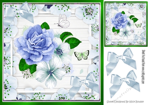 Pretty floral frame with  pastel blue flowers &  bows 8x8