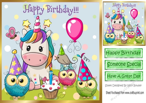 Cute rainbow unicorn with owls partying 8x8