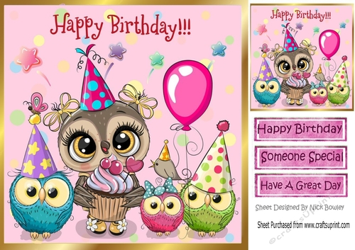 cute owl with cupcake and  friends 8x8