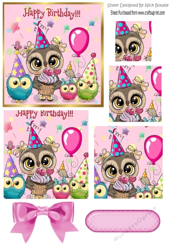 cute owl with cupcake and  friends, square pyramids
