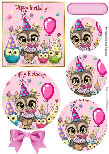 cute owl with cupcake and  friends, circle pyramids