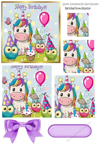 Cute rainbow unicorn with owls partying, square pyramids