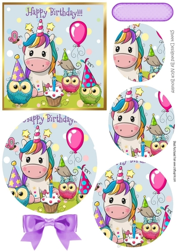 Cute rainbow unicorn with owls partying, circle pyramids