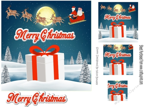 santa flying,  with a big christmas present 7x7