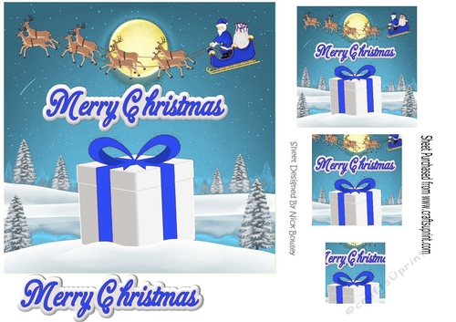 santa flying,  with a big christmas present 7x7 (blue)