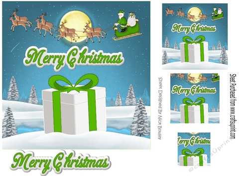 santa flying,  with a big christmas present 7x7 (green)