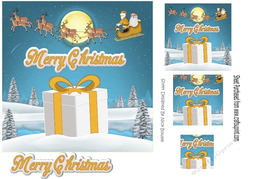 santa flying,  with a big christmas present 7x7 (gold)