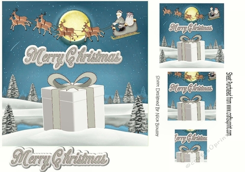 santa flying,  with a big christmas present 7x7 (silver)