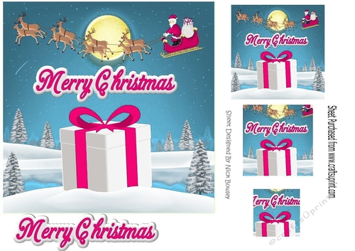 santa flying,  with a big christmas present in the snow 7x7 (cerise)