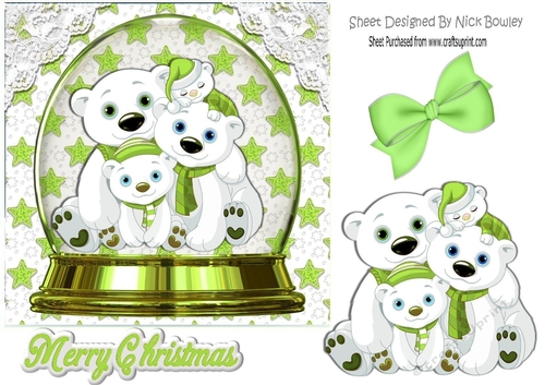 Snow globe with family of polar bears with green stars 7x7