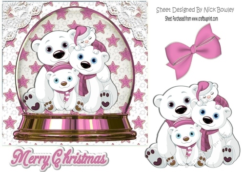 Snow globe with family of polar bears with pink stars 7x7