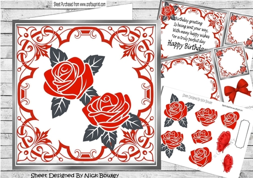 Pretty Painted Red Roses In Ornate Scroll  8x8 Frame Mini Kit
