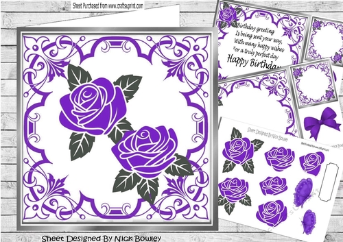 Pretty Painted Purple Roses In Ornate Scroll  8x8 Frame Mini Kit