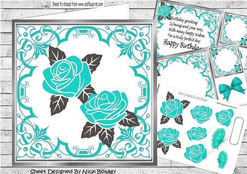 Pretty Painted Turq Roses In Ornate Scroll  8x8 Frame Mini Kit
