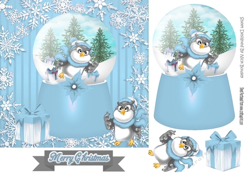 Cute owl in blue snow globe with snowflakes 7x7