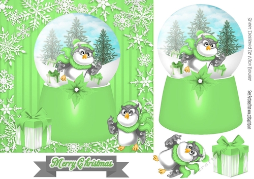 Cute owl in green snow globe with snowflakes 7x7