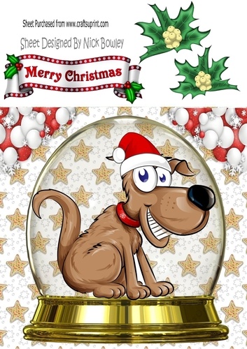 Big toon Dog in santa hat in snowglobe 8x8