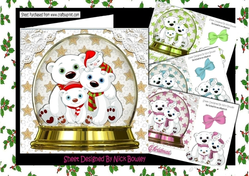  4  lovely Snow globes with family of polar bears card fronts 7x7 mini kit