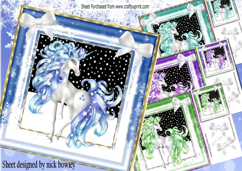  4 fantasy unicorns in snow frames card fronts with bows 8x8 mini kit (1)