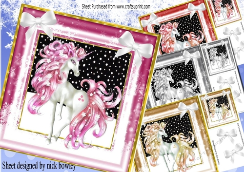 4 pretty  fantasy unicorns in snow frames card fronts with bows 8x8 mini kit (2)