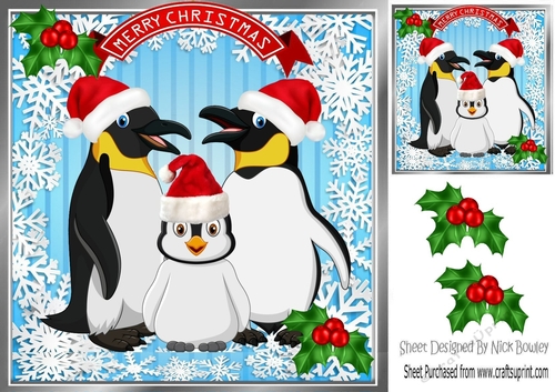 Family of penguins in santa hats with holly 8x8