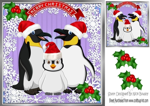 Family of penguins in santa hats with holly 8x8 (purple)