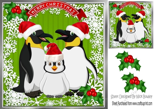 Family of penguins in santa hats with holly 8x8 (green)