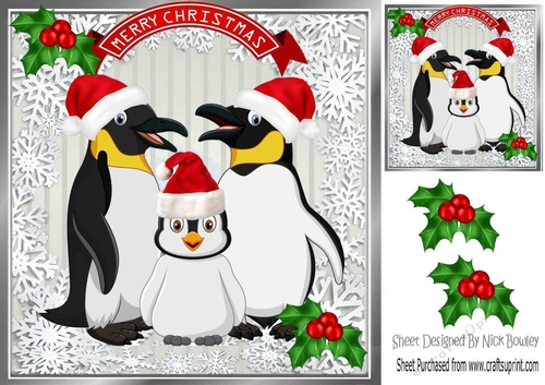 Family of penguins in santa hats with holly 8x8 (silver)