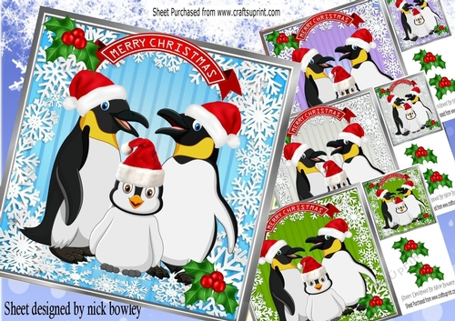 4 lovely Family of penguins in santa hats with holly card fronts 8x8 mini kit